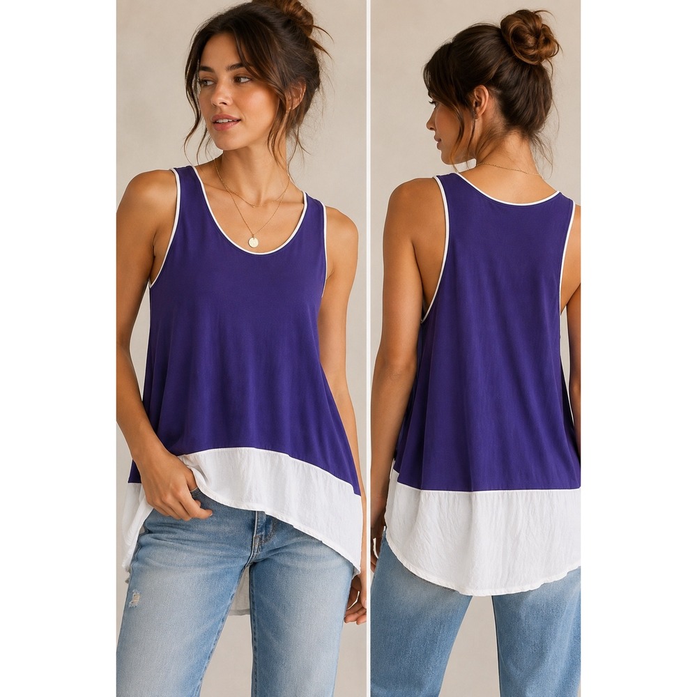 Maeve Anthropologie Purple White Colorblock 100% Silk Tank Top Blouse Size 2